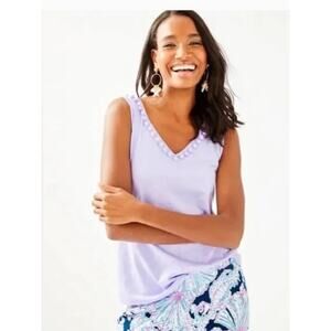 Lilly Pulitzer Size XL Purple Lilac Verbena Gigi Pom Pom Double V-Neck Tank Top